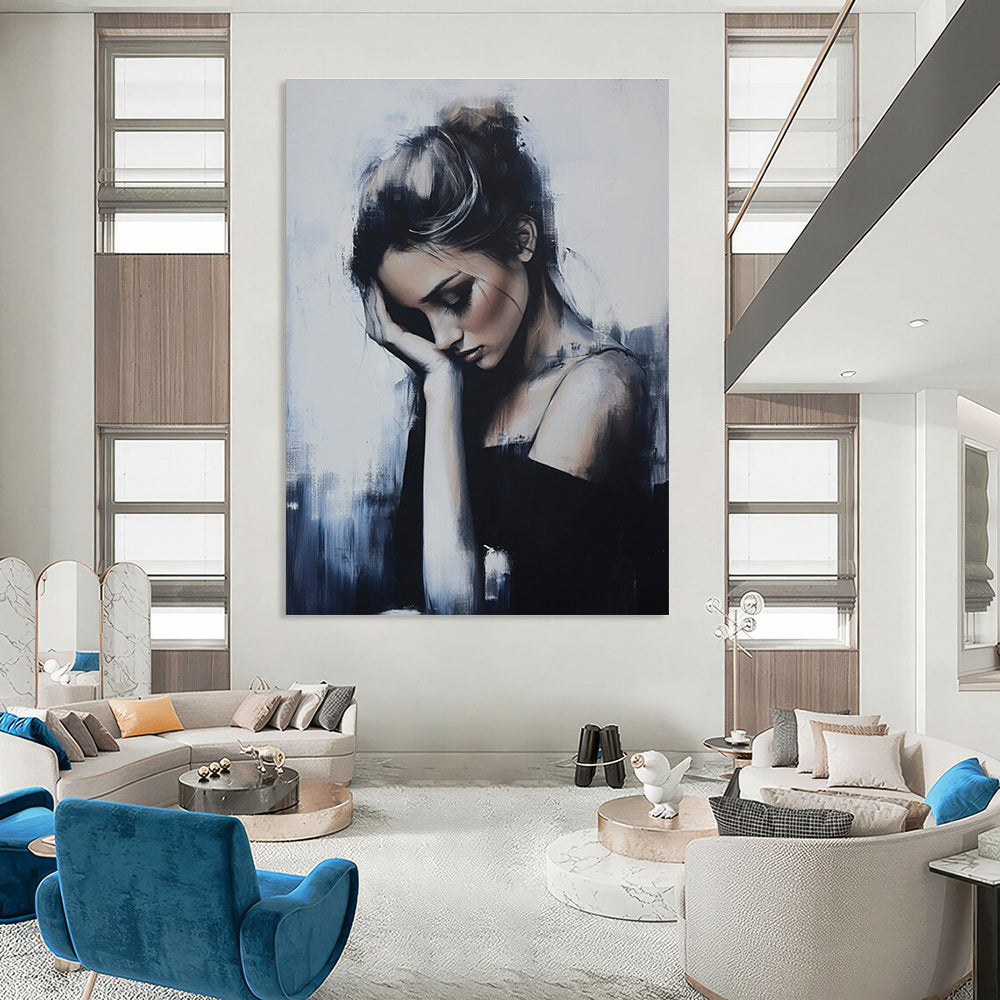 Abstract painting featuring a woman in soft tones with elegant figures and broad brushstrokes set against a minimalist background of gray and blue hues.STSC1266
