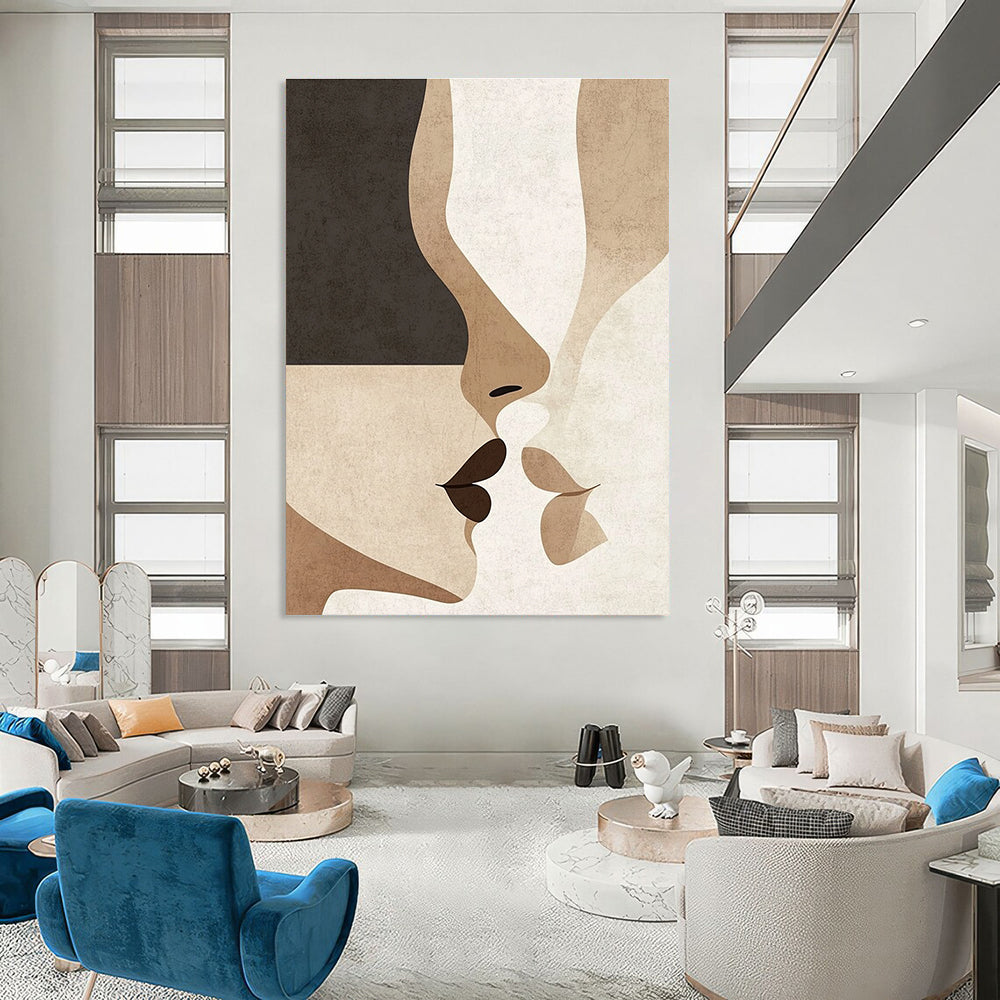 Abstract art in minimalist Japandi style featuring subtle nose and mouth shapes in neutral earthy tones of beige black white grey and brown.STSC1342