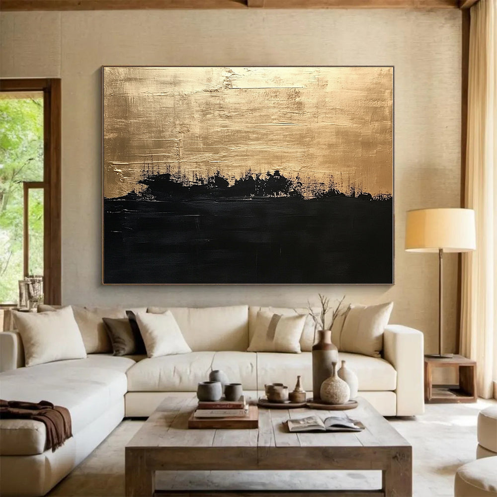 Gold and Black Abstract Painting with Textured Contrast GER130