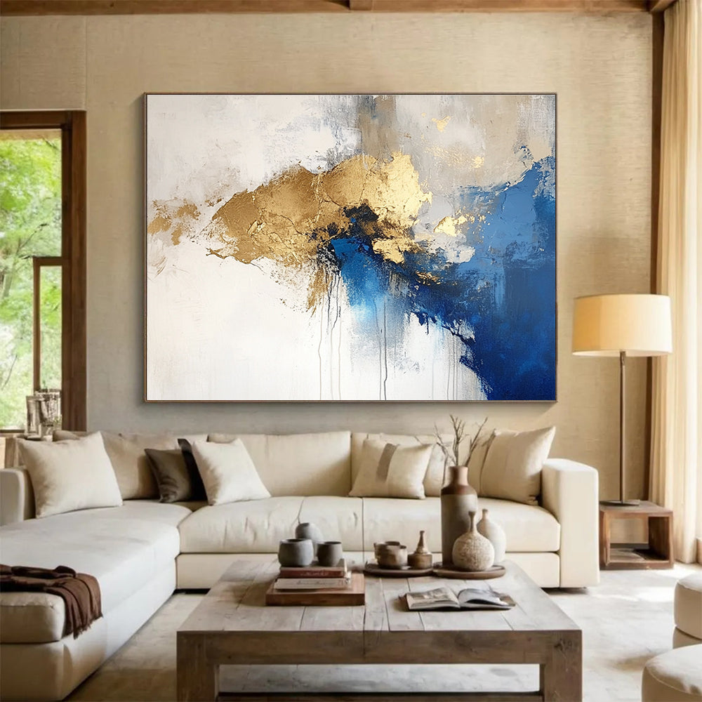 Blue Gold and White Abstract Painting with Fluid Shapes DYP183