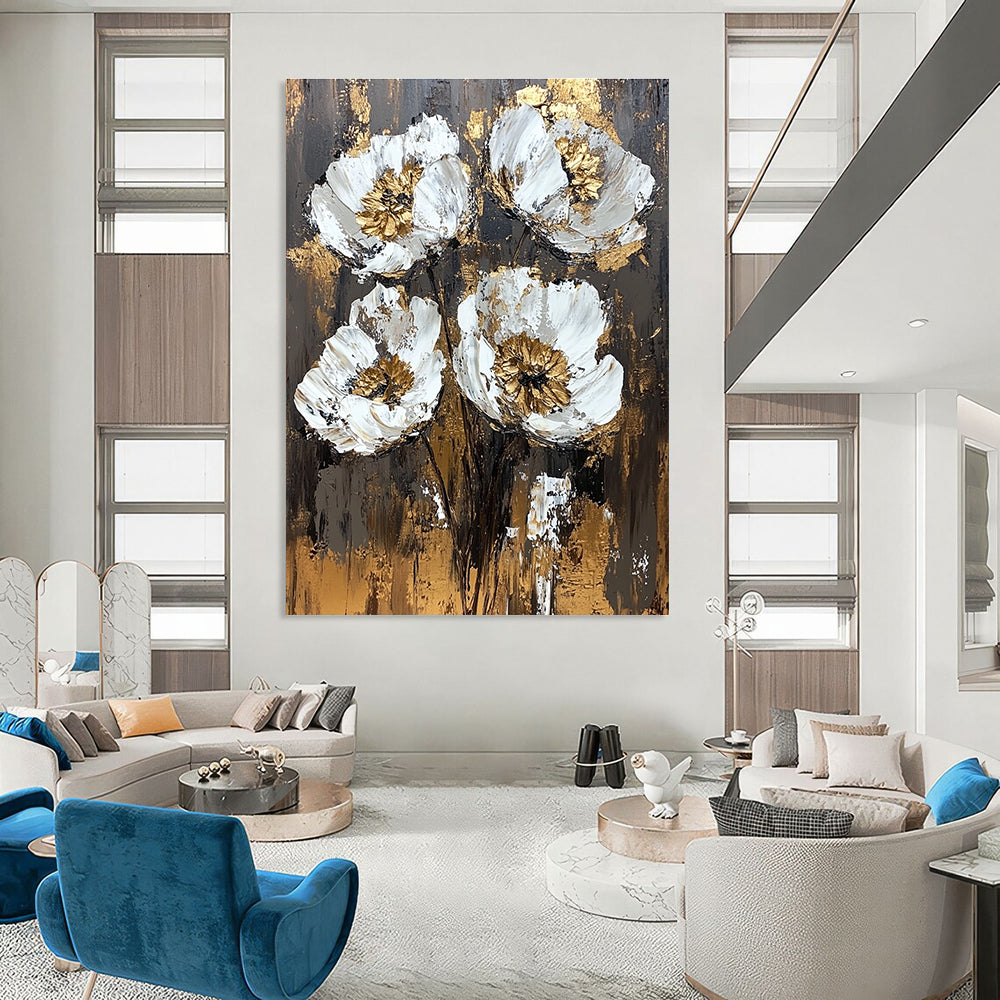 Large abstract painting featuring textured white and gold flowers on a dark brown background with vintage-style brush strokes and rich emotional depth.STSC834