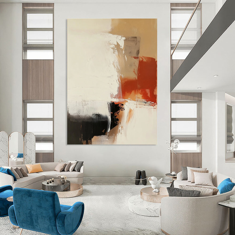 Large abstract painting features earthy tones and white space with thick brush strokes and a soft minimalistic aesthetic perfect for modern decor.STSC750