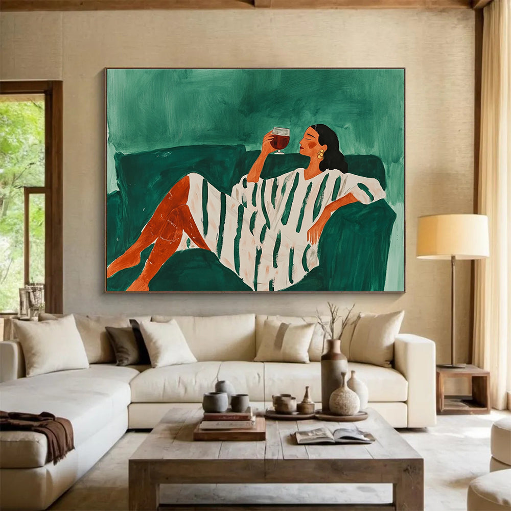 Relaxed Woman on Sofa Abstract Painting with Green and White Tones DYP582