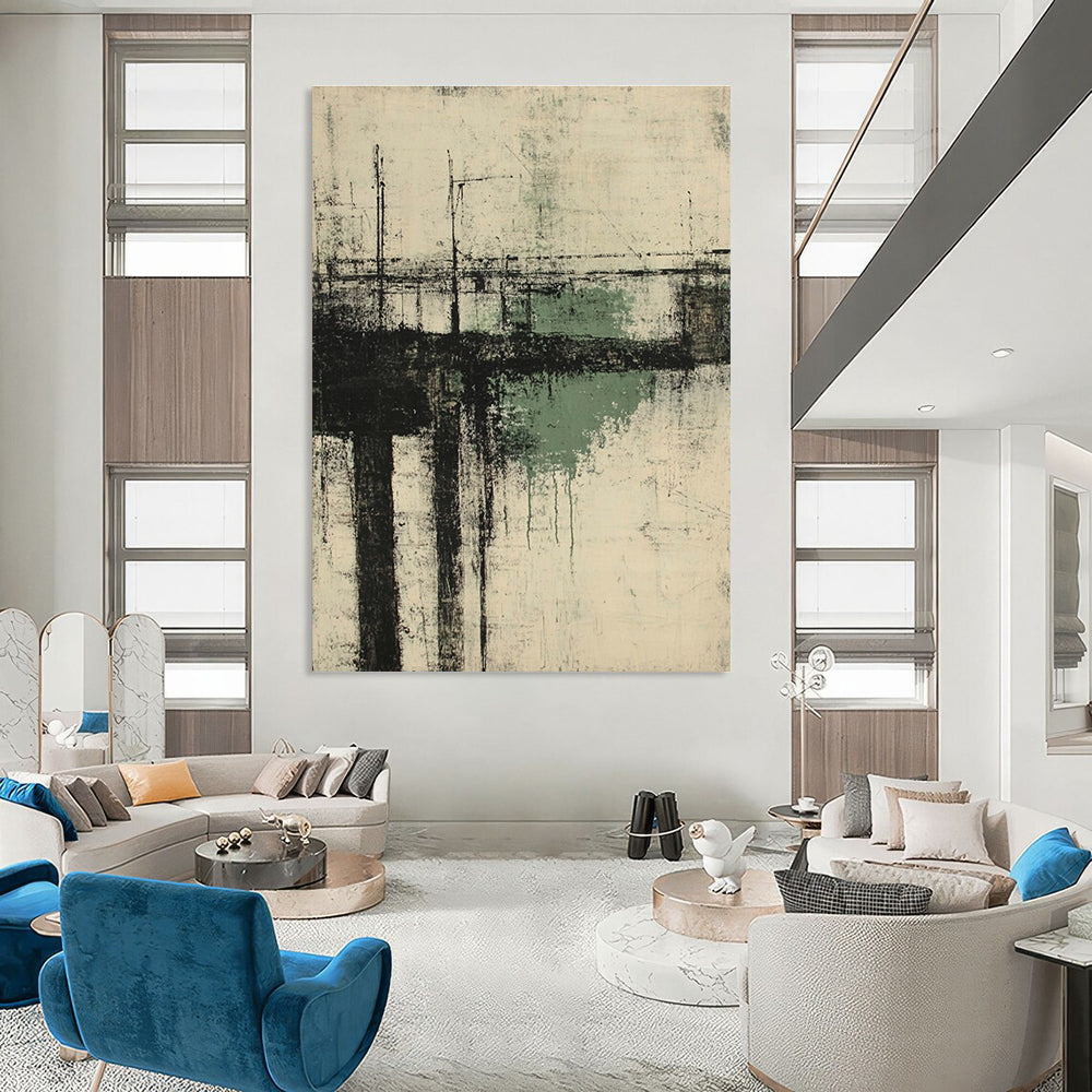 Large abstract painting of an old pier in neutral greens and grays capturing the essence of Kathryn Statsny's style.STSC658