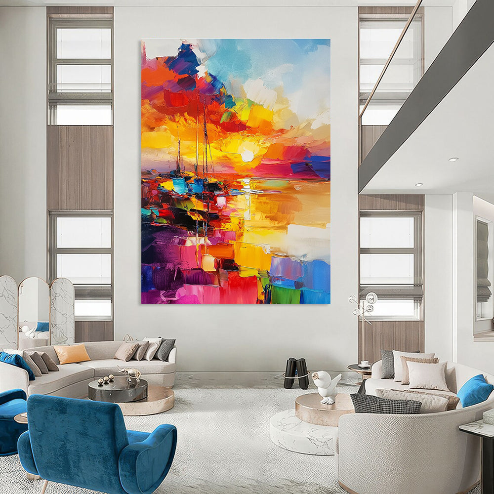 Large abstract painting featuring a vibrant sunset over the sea with rich colors and fluid brush strokes.STSC1422