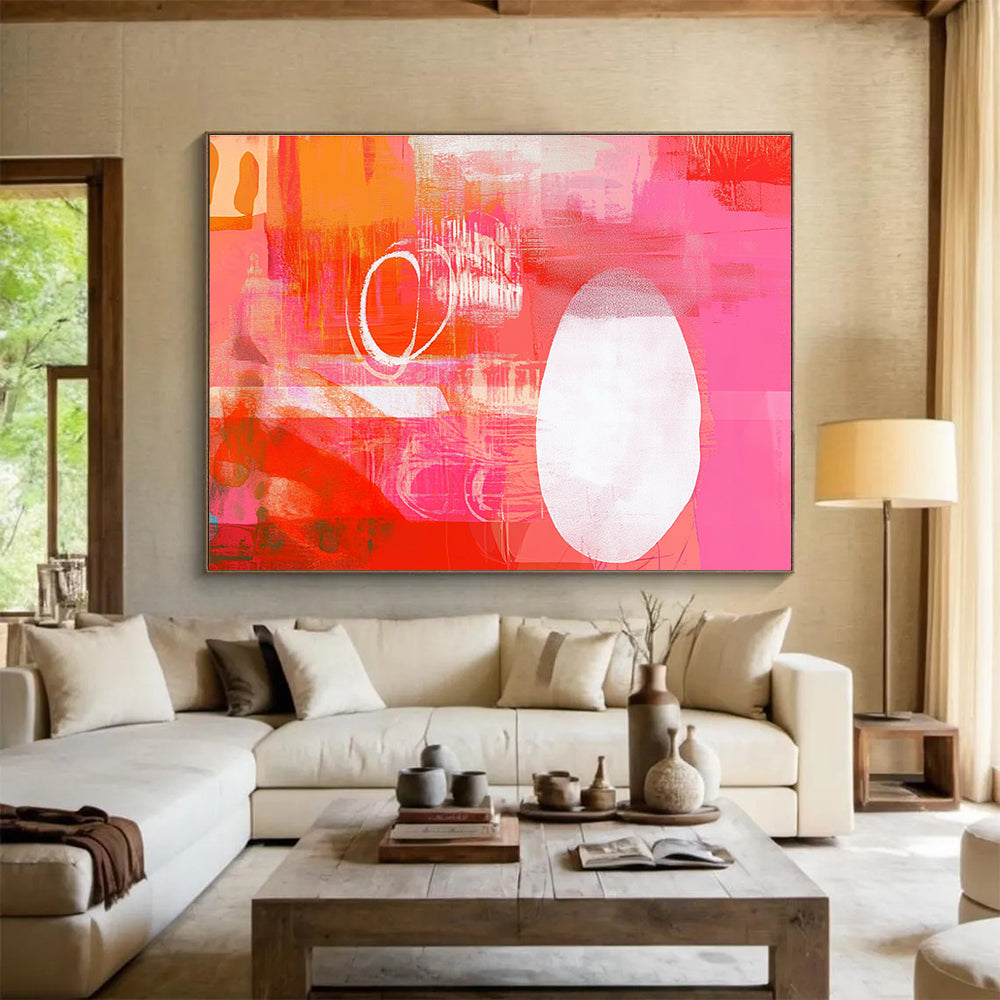 A large abstract artwork featuring a vibrant red and pink collage with energetic shapes and a striking white squiggle line, enhancing its lively composition.SC542