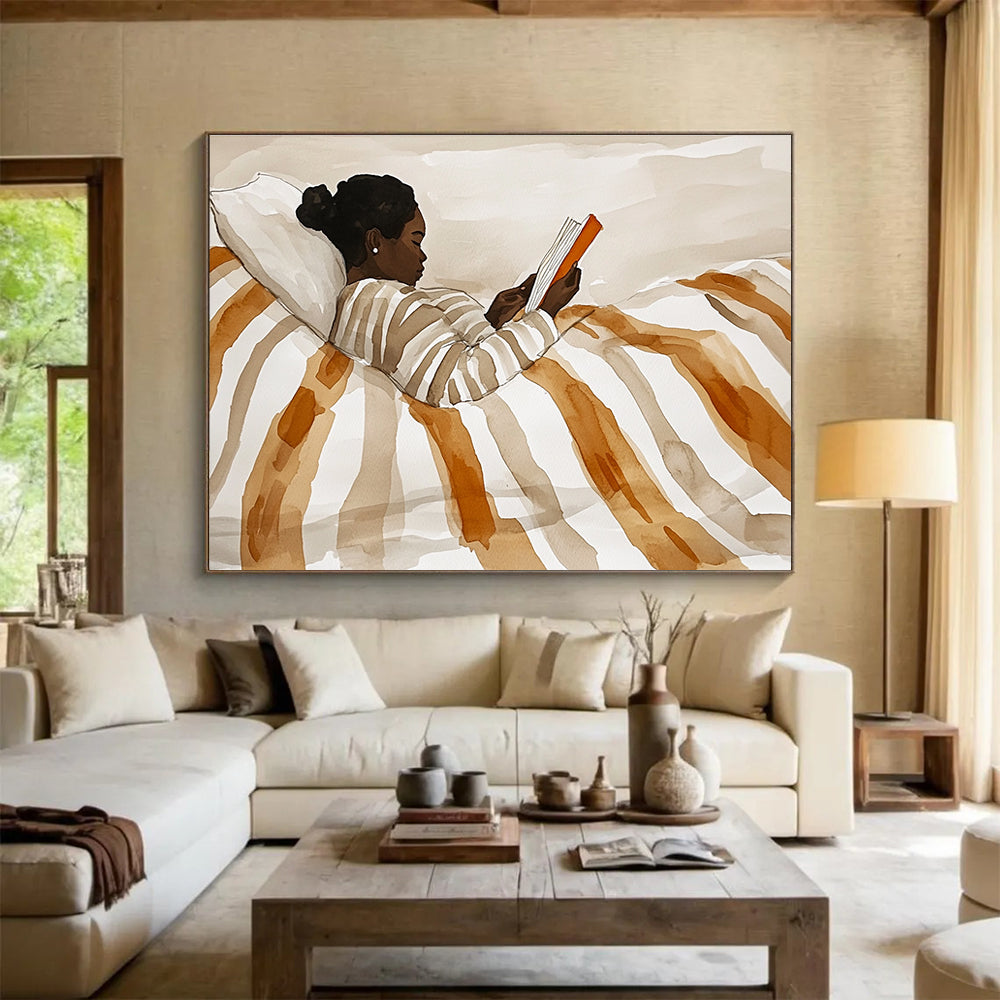 Woman Reading in Bed Watercolor Abstract Painting with Warm Neutrals DYP615