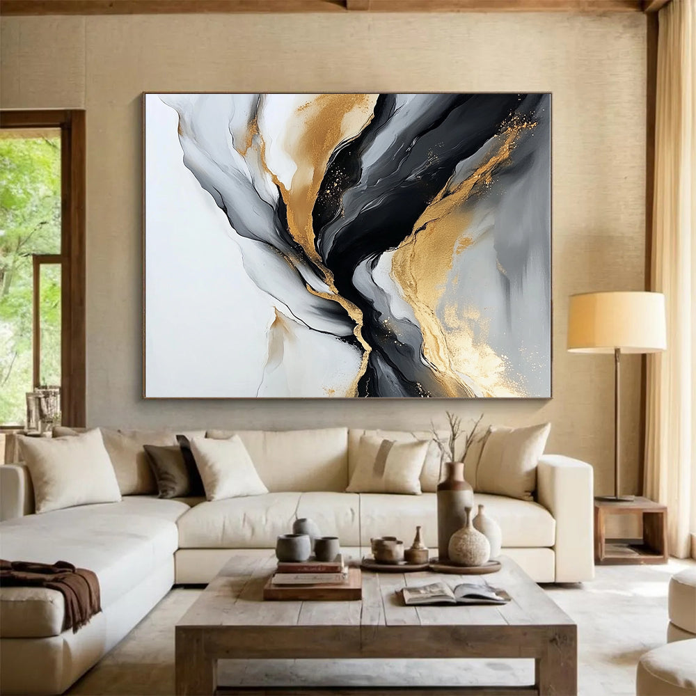 Gold Black and Gray Abstract Painting with Flowing Lines GER417