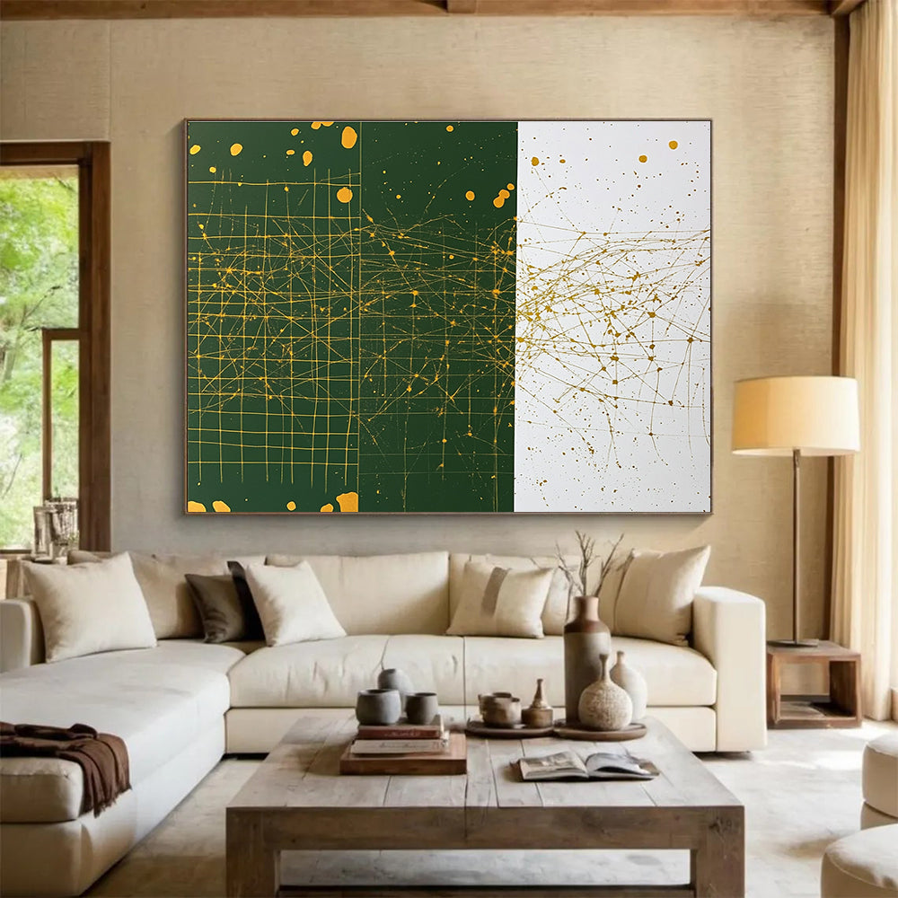 An abstract painting featuring a grid pattern in white and green with yellow splashes gold ink and dark green designs with brown dots.SC471
