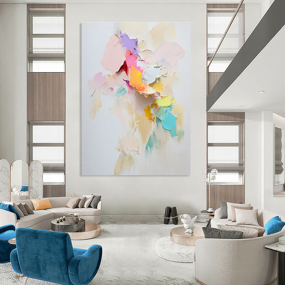 Large abstract painting with loose textured paint and pastel paper pieces suggesting movement featuring a prominent torn scrapbook paper centerpiece.STSC1248