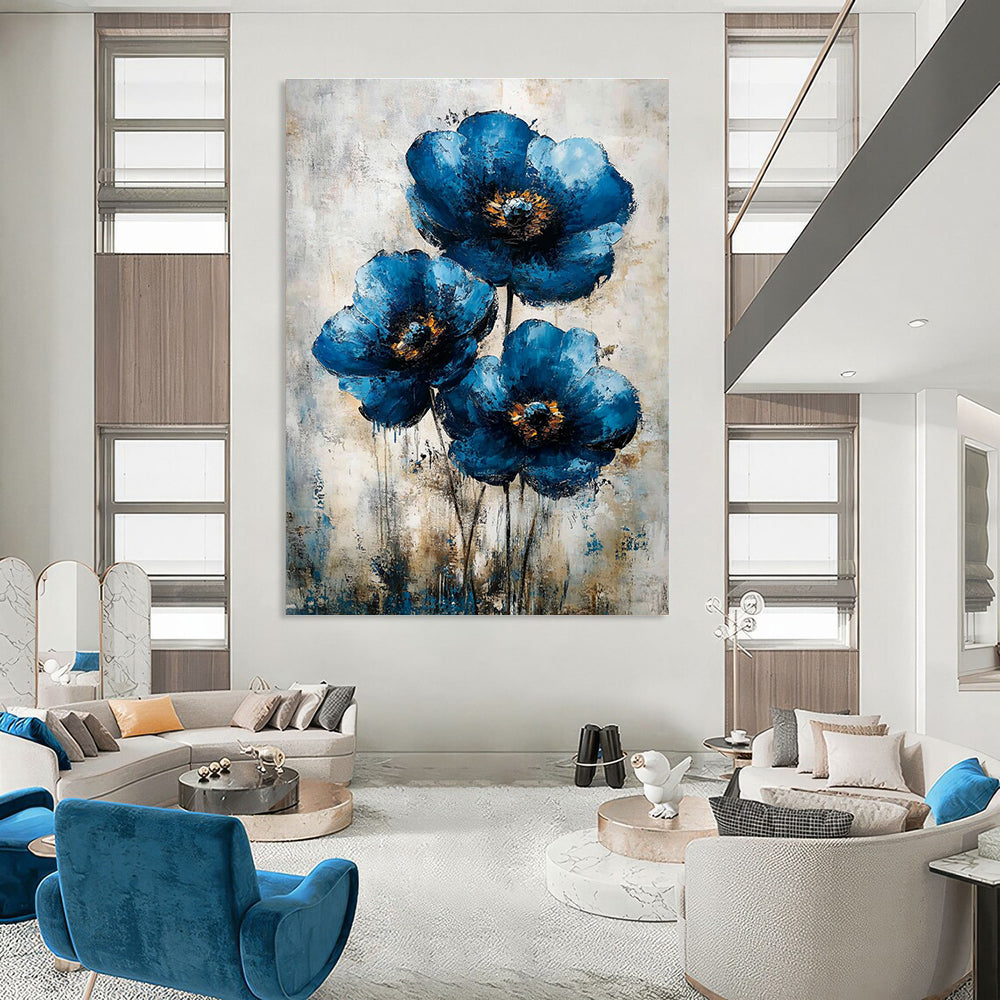 Abstract Blue Flower Painting features vintage flowers art on canvas perfect for enhancing your wall decor and creating a serene atmosphere.STSC040