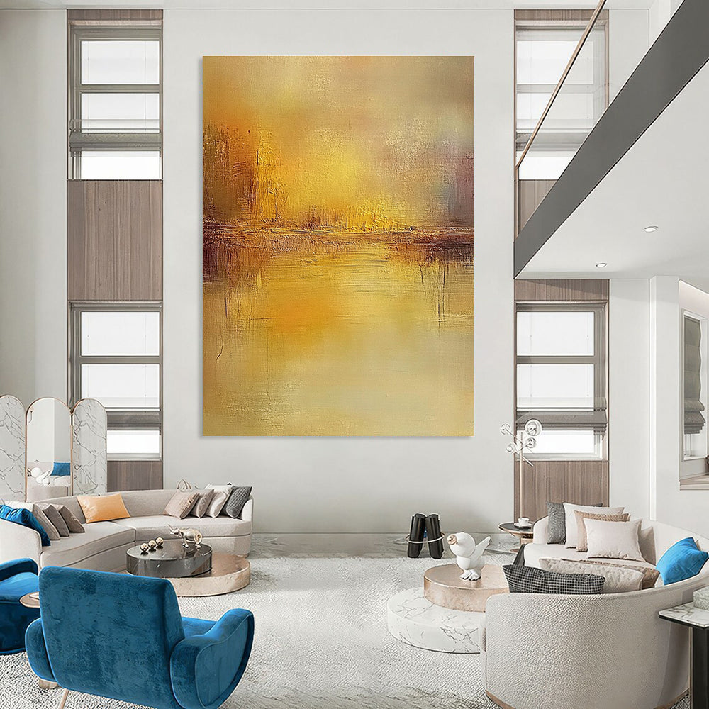 Large abstract painting featuring muted earthy colors and soft focus reflections on water evoking a dreamlike atmosphere with impressionist brush strokes.STSC860