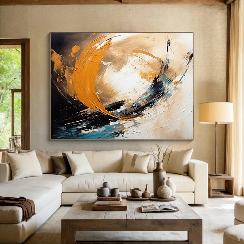 Orange Black and Blue Dynamic Swirl Abstract Painting THY097