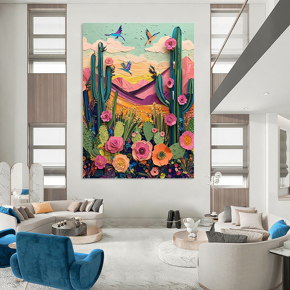 Large abstract artwork featuring a vibrant desert landscape with cacti mountains birds and blooming flowers in colorful pastels and intricate textures.STSC1426