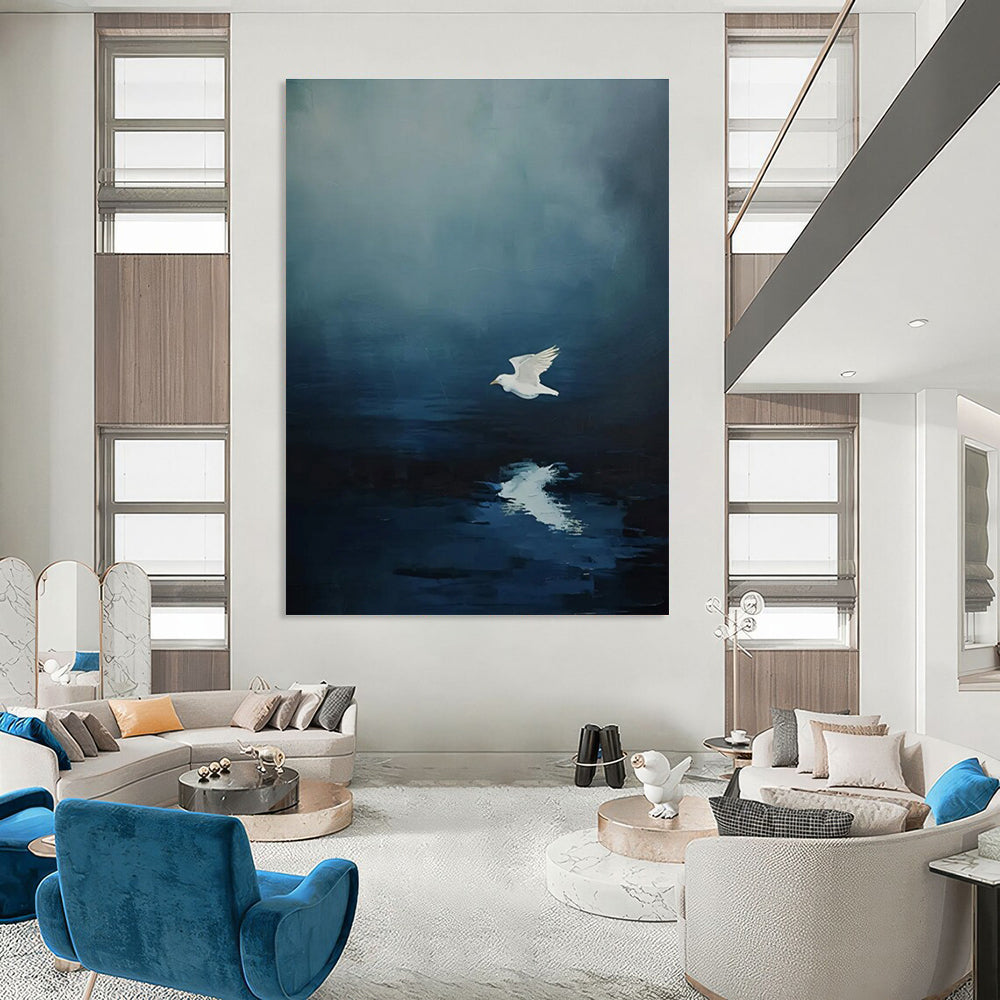 Seagull Reflection Abstract Painting with Deep Blues ADGE478