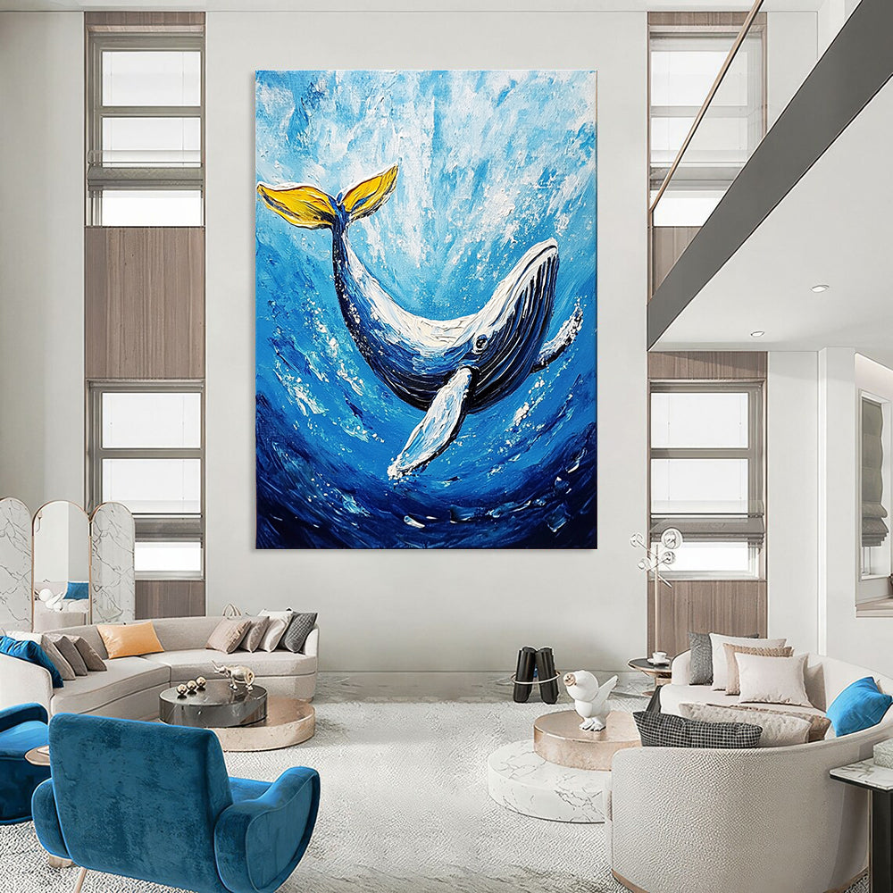 A large abstract painting featuring a majestic whale gliding through deep blue waters in vibrant acrylic colors.STSC1052