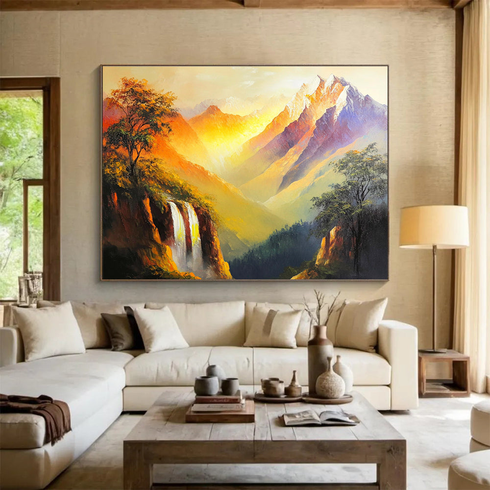 A large abstract painting depicting golden peaks and mountains with bright colors and strong brushstrokes capturing nature's grandeur and serenity.SC579