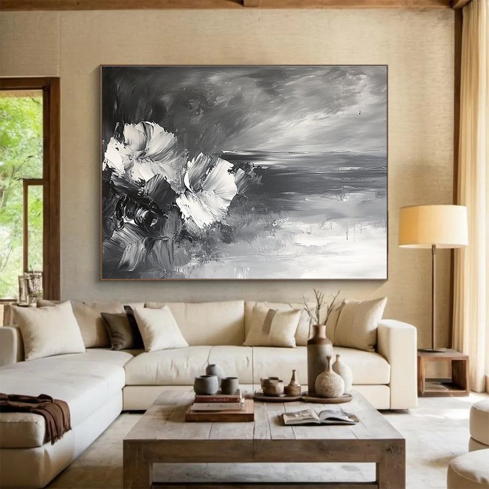 Black and White Flower and Sea Abstract Painting with Impasto Technique DYP177