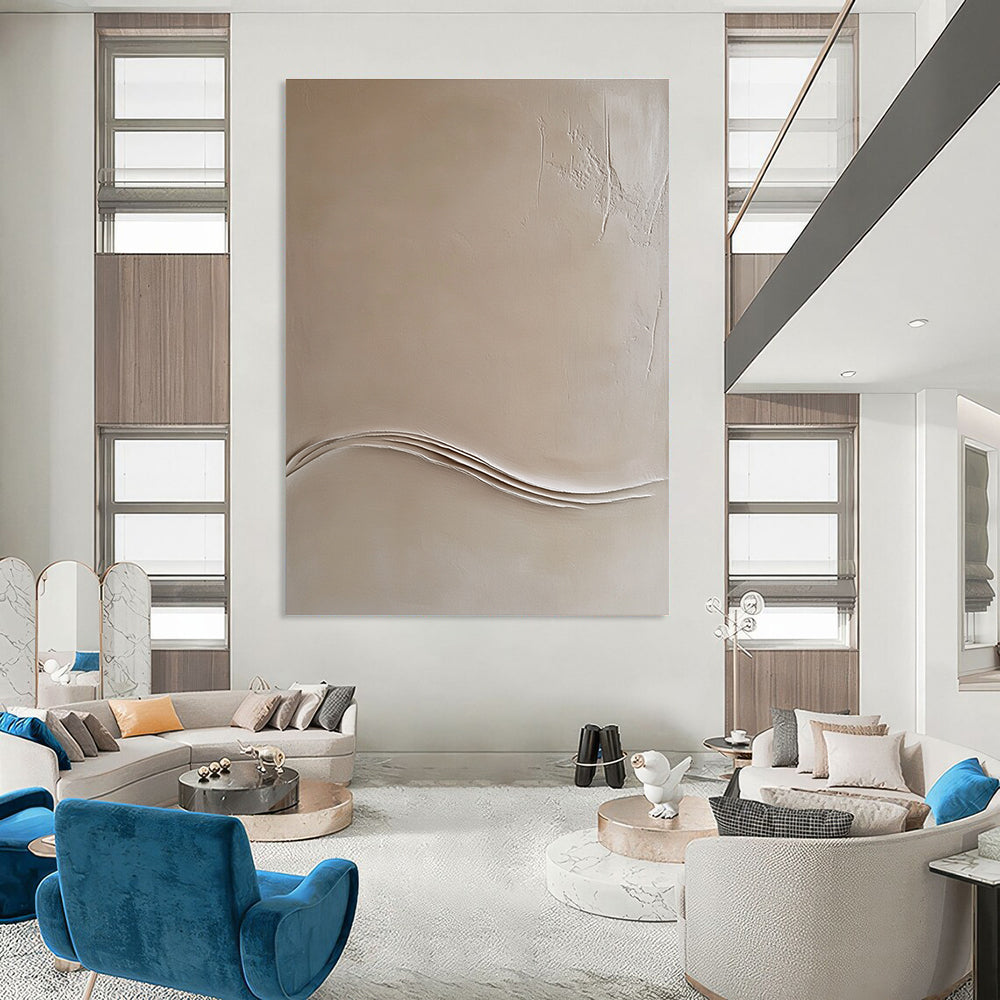 Abstract drawing featuring a beige wall with thin lines and an embossed white wave contour in the top right corner.STSC548