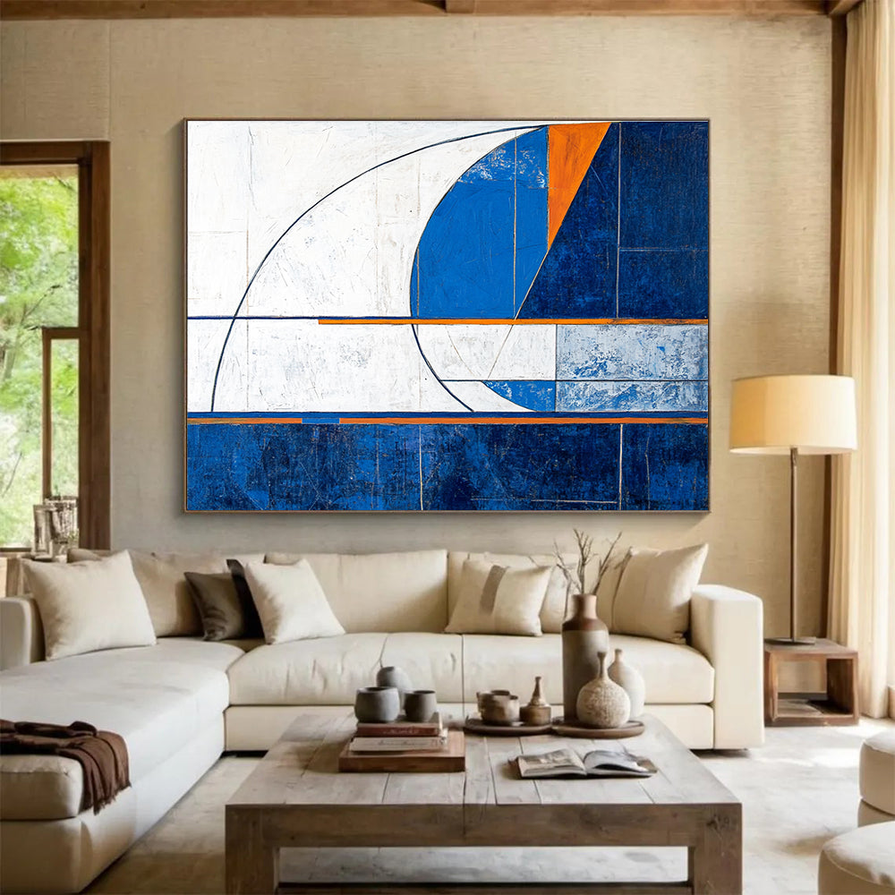 Large abstract painting featuring geometric shapes in blue and white with a modern minimalistic design and dynamic compositions.SC029