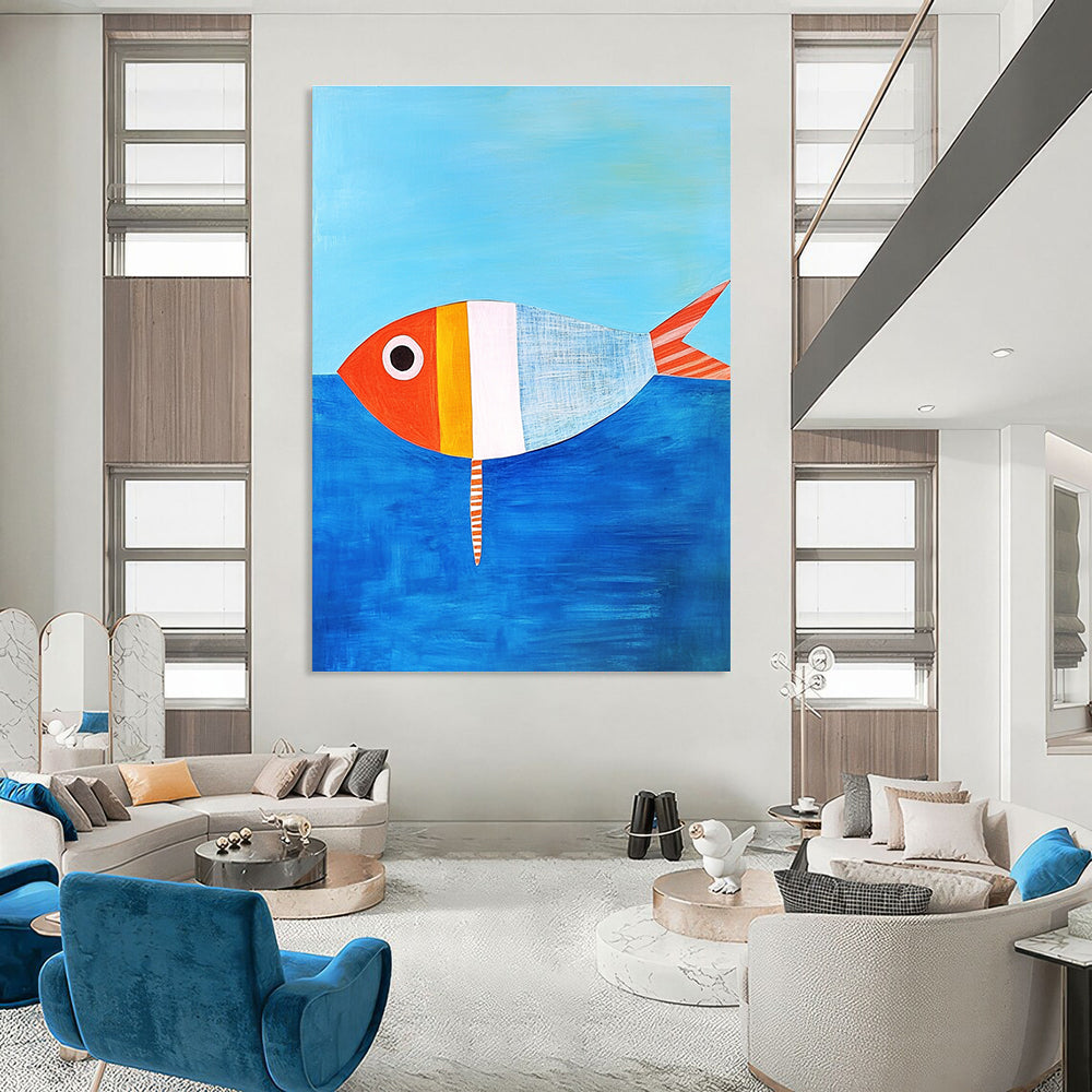 A large abstract painting featuring a simple paper fish in Matisse style against blue water with an orange and white striped tail.STSC1187