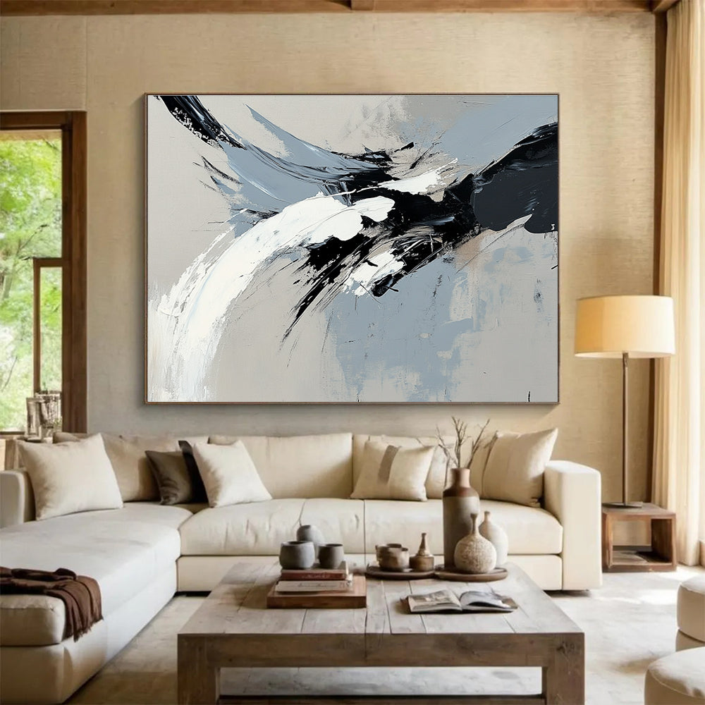 Black and White Abstract Painting with Dynamic Brushstrokes DYP387
