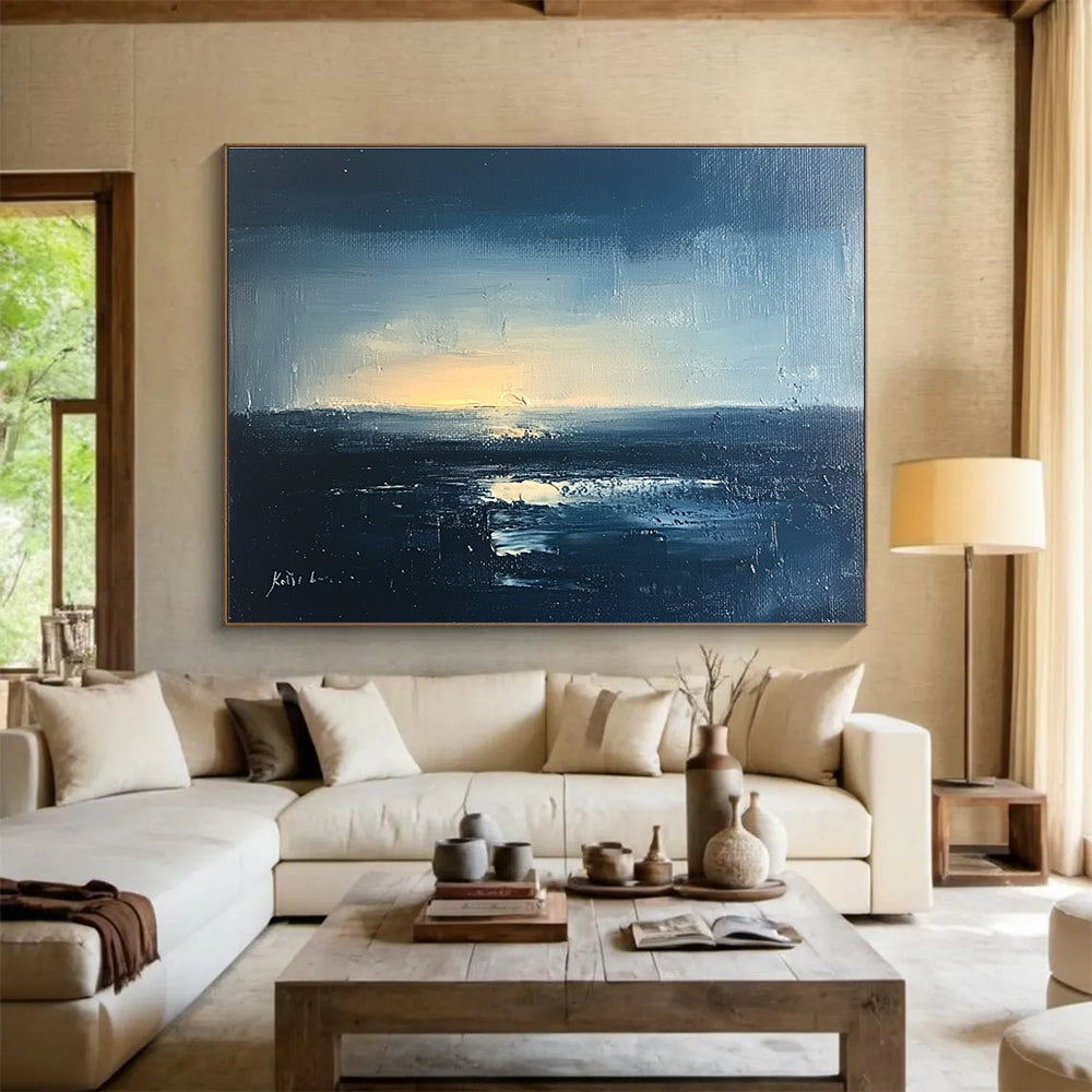 Large abstract landscape oil painting of a night sea with blue gray and black hues featuring soft light and detailed brushstrokes.SC068