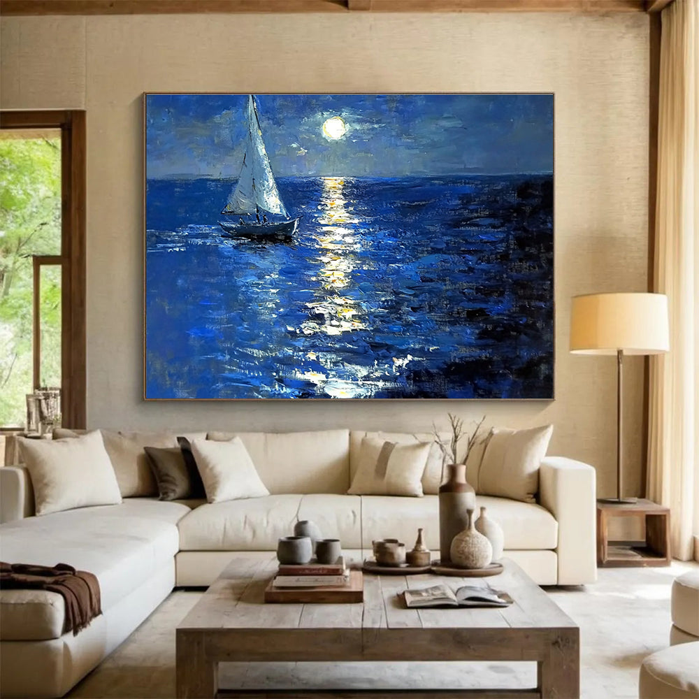 Large abstract painting depicting a sailboat on a moonlit sea with rich colors soft tonal gradations and dreamy reflections.SC604