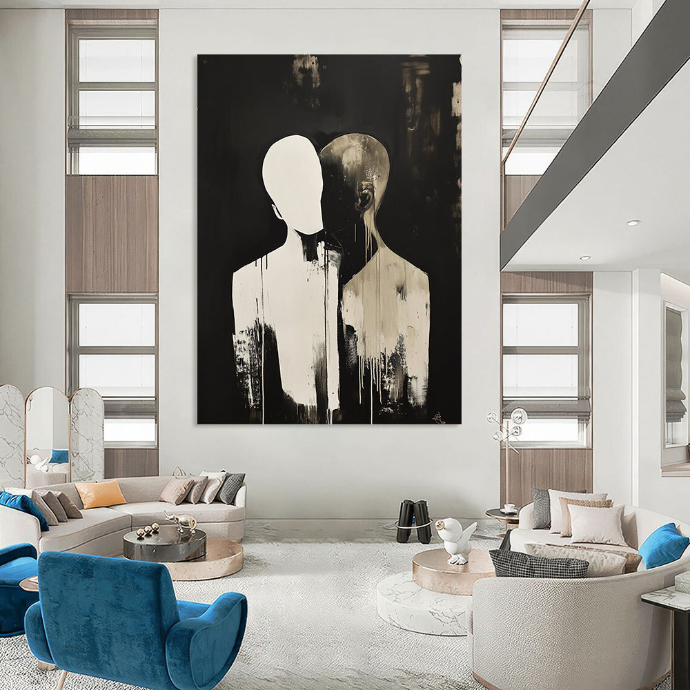 Abstract painting featuring a faceless figure in a dark backdrop with another figure resting their head on their shoulder, complemented by splashes of color.STSC1449