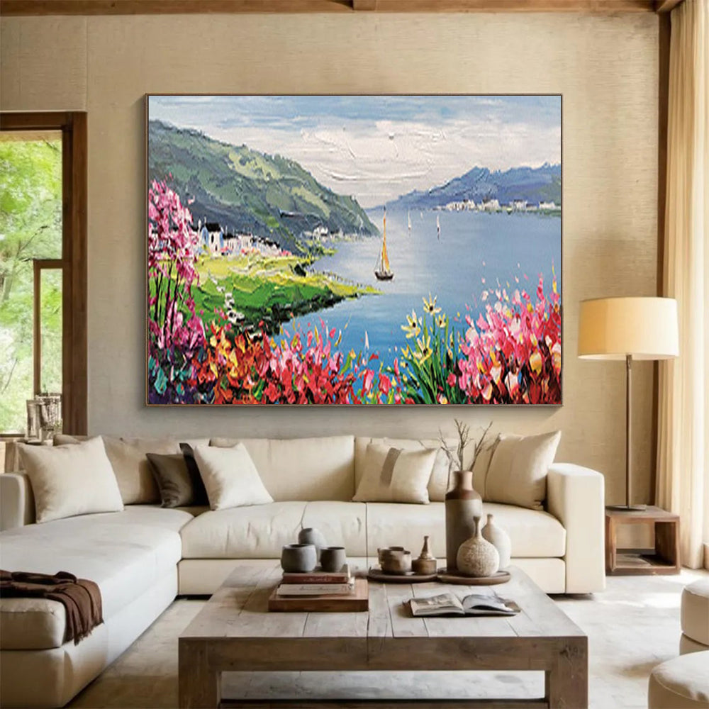 Lakeside Village Abstract Painting with Blue, Green, and Pink Tones THY209