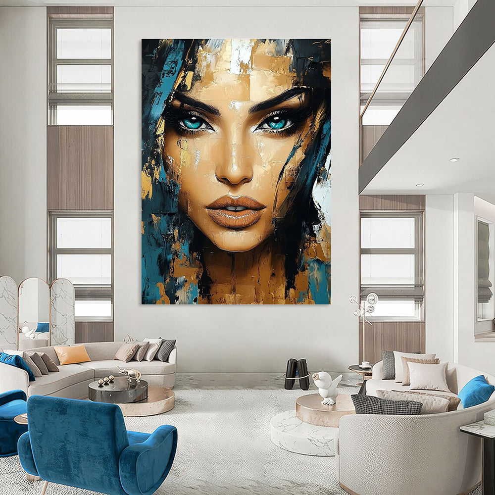 Abstract portrait of a beautiful woman with turquoise eyes and gold accents featuring expressive brush strokes and intricate details in the style of Ismail Inceoglu.STSC456