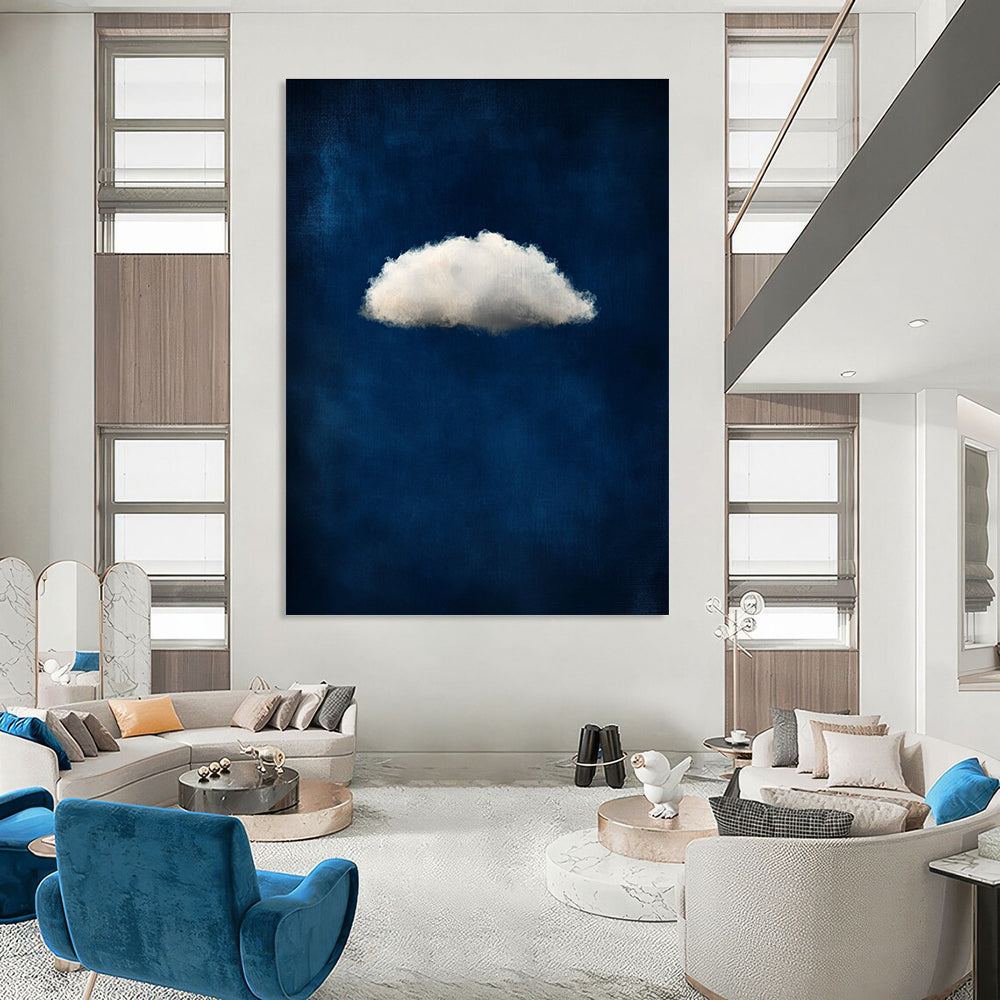 A large abstract painting featuring a small white cloud on a dark blue background evoking ethereal and dreamy atmospheres with soft tones.STSC1403