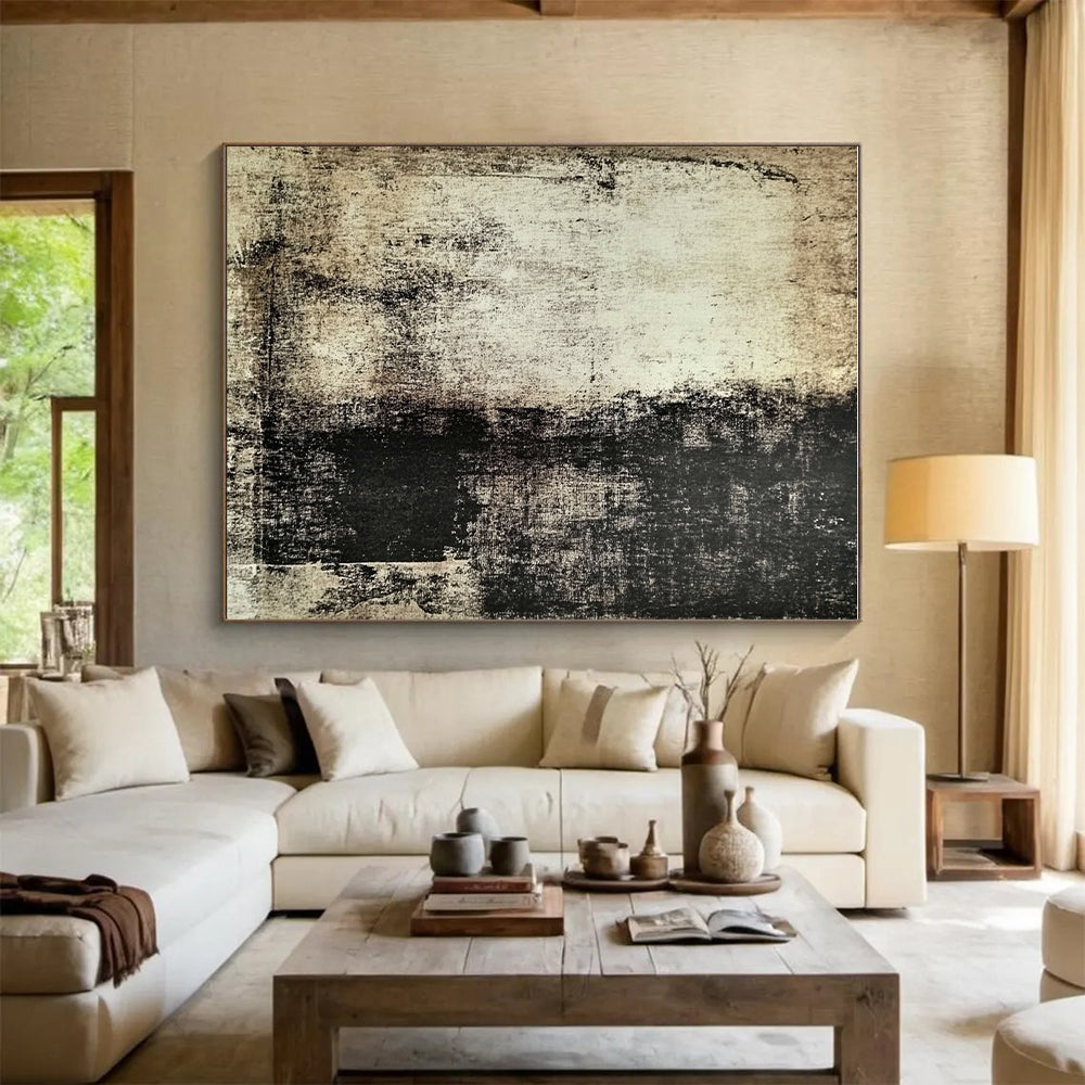 Beige and Black Textured Abstract Painting with Aged Effects GER113