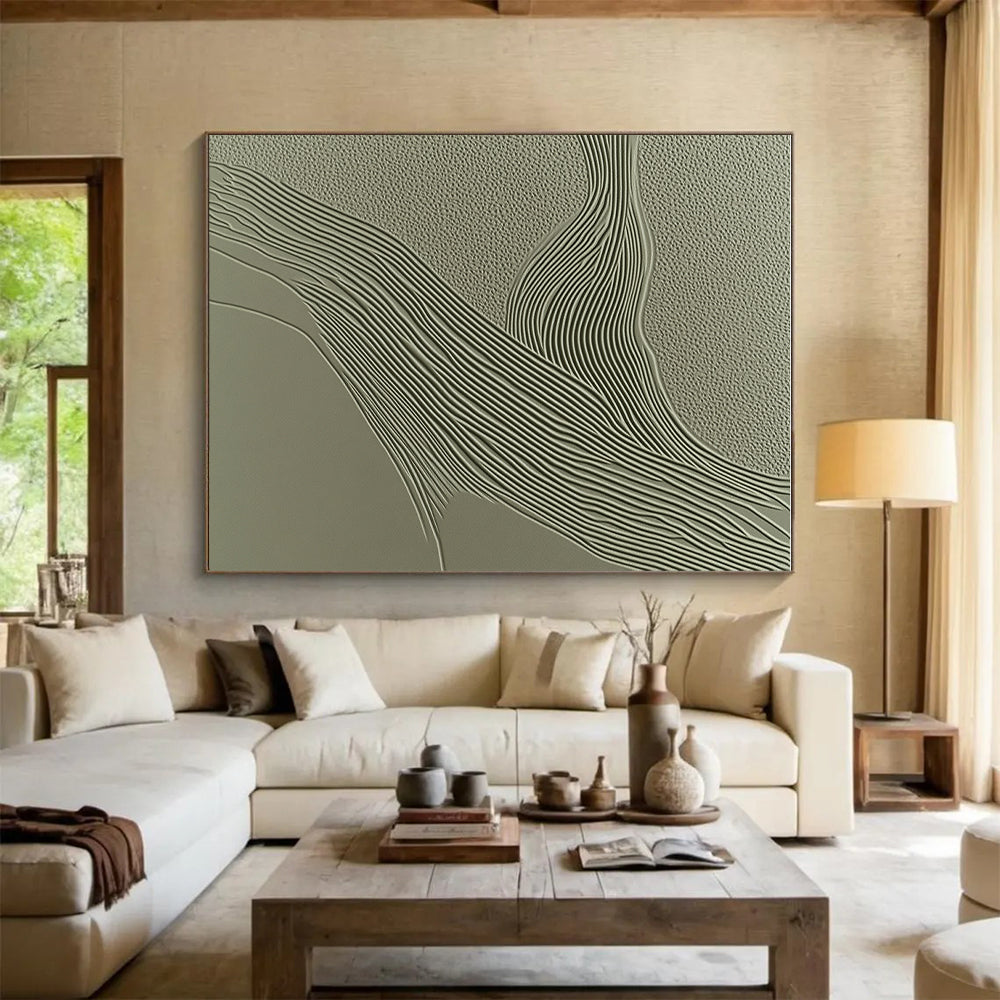 Green Textured Abstract Painting with Wavy Lines GER059