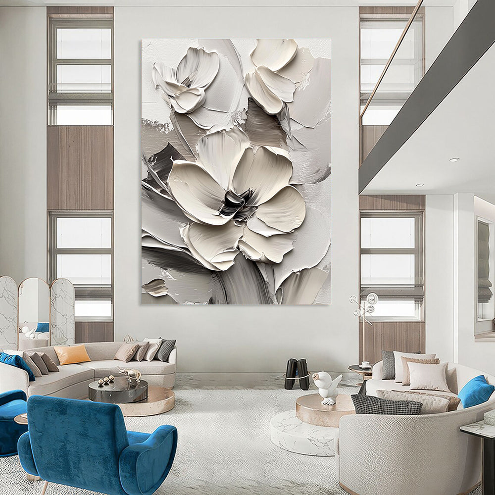 Large abstract painting of white flowers in thick impasto style on a white background, creating a striking monochromatic effect.STSC513