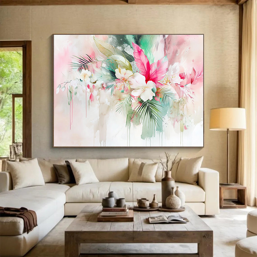 Abstract watercolor painting featuring tropical flowers and leaves with a pink sage green and white background showcasing soft edges and intricate details.SC290
