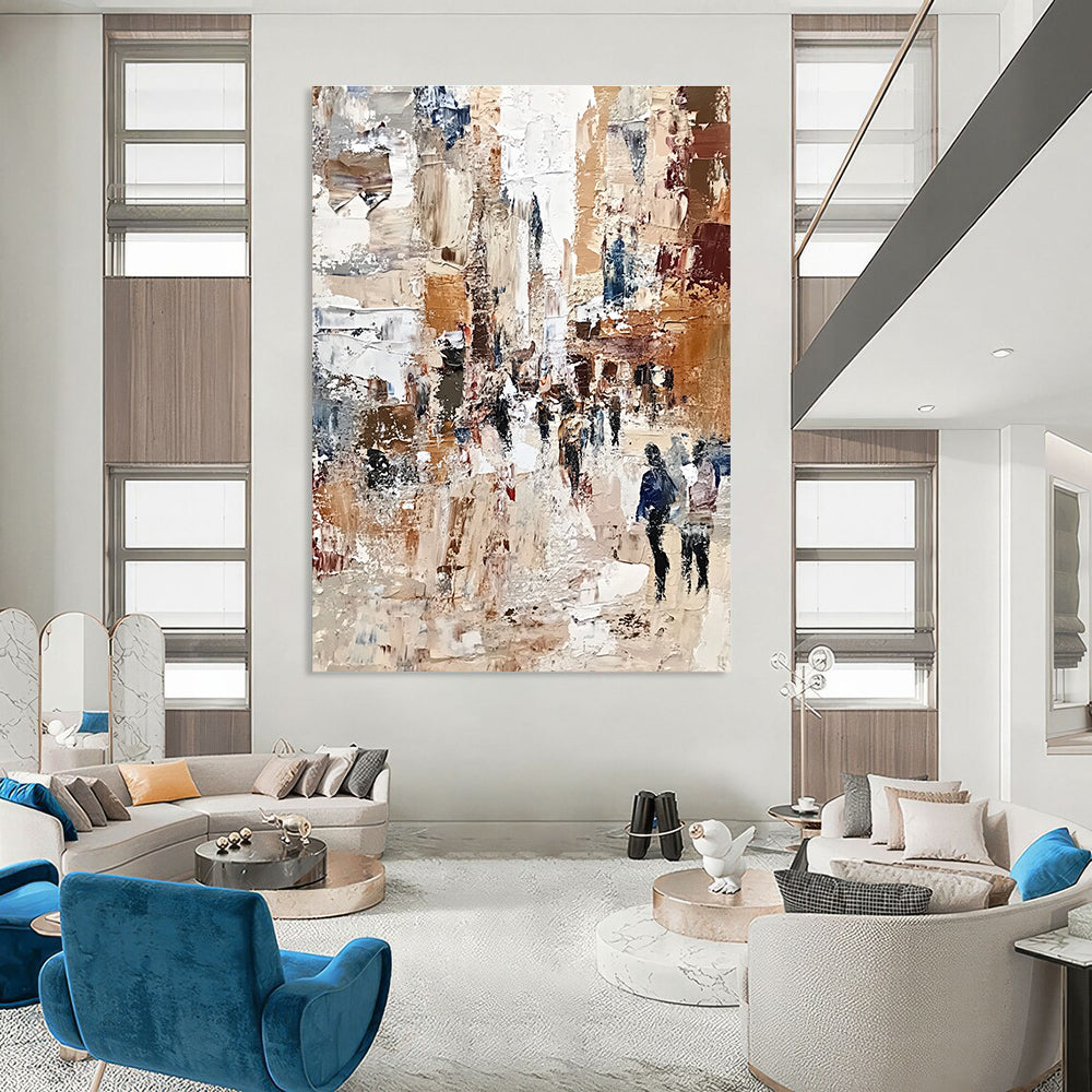 Large abstract painting of a bustling cityscape with textured impasto strokes in muted earthy tones and patchworks of warm colors, evoking impressionistic depth.STSC597