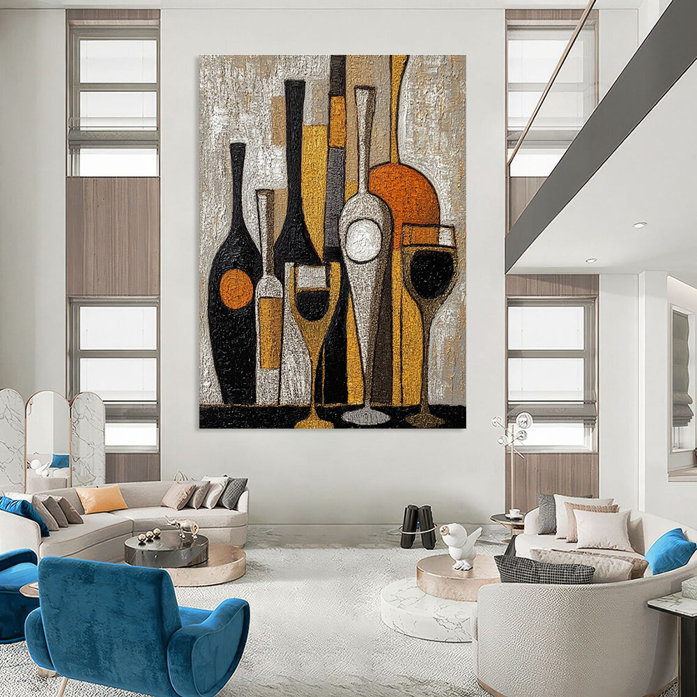 Large abstract painting featuring wine bottles and glasses with textured black white orange and gold embroidery.STSC369