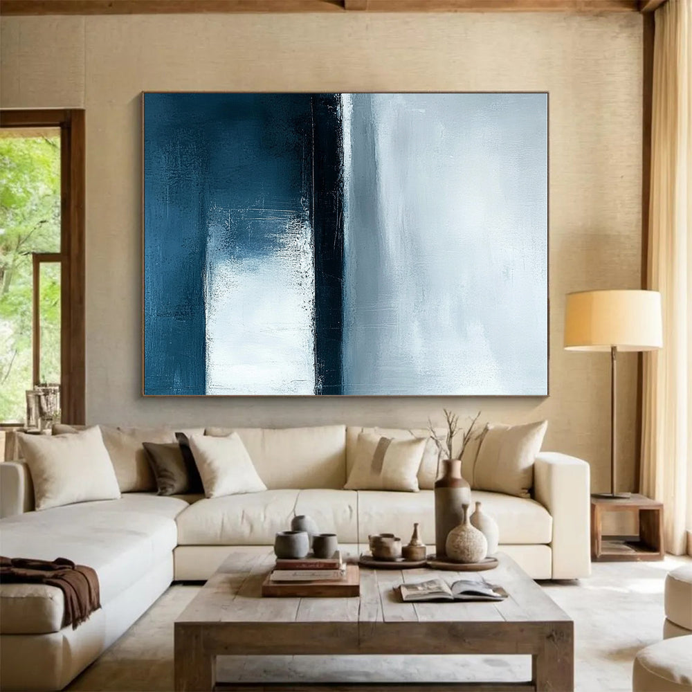 Monochrome Blue Abstract Painting with Textured Depths GER385