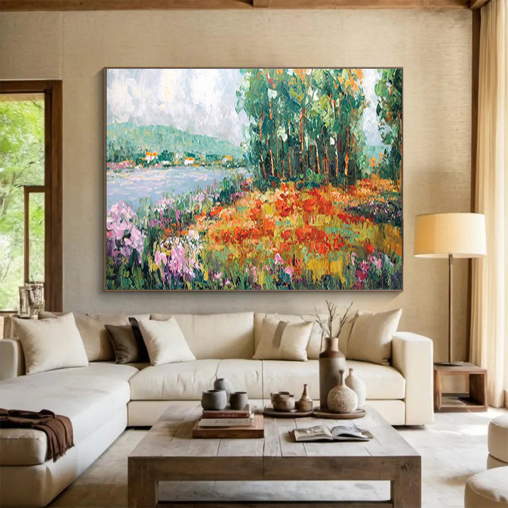 Lakeside Flower Field Abstract Painting with Colorful Floral Tones THY228