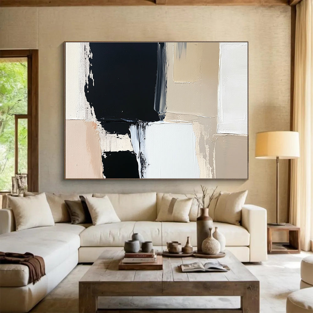 Black Beige and White Abstract Painting with Geometric Shapes DYP174