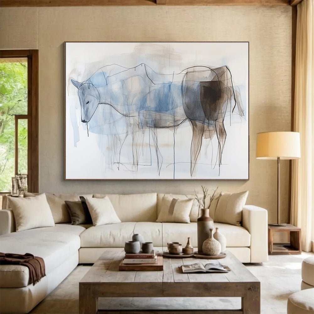 Line Drawing Horse Abstract Painting with Blue and Brown DYP329