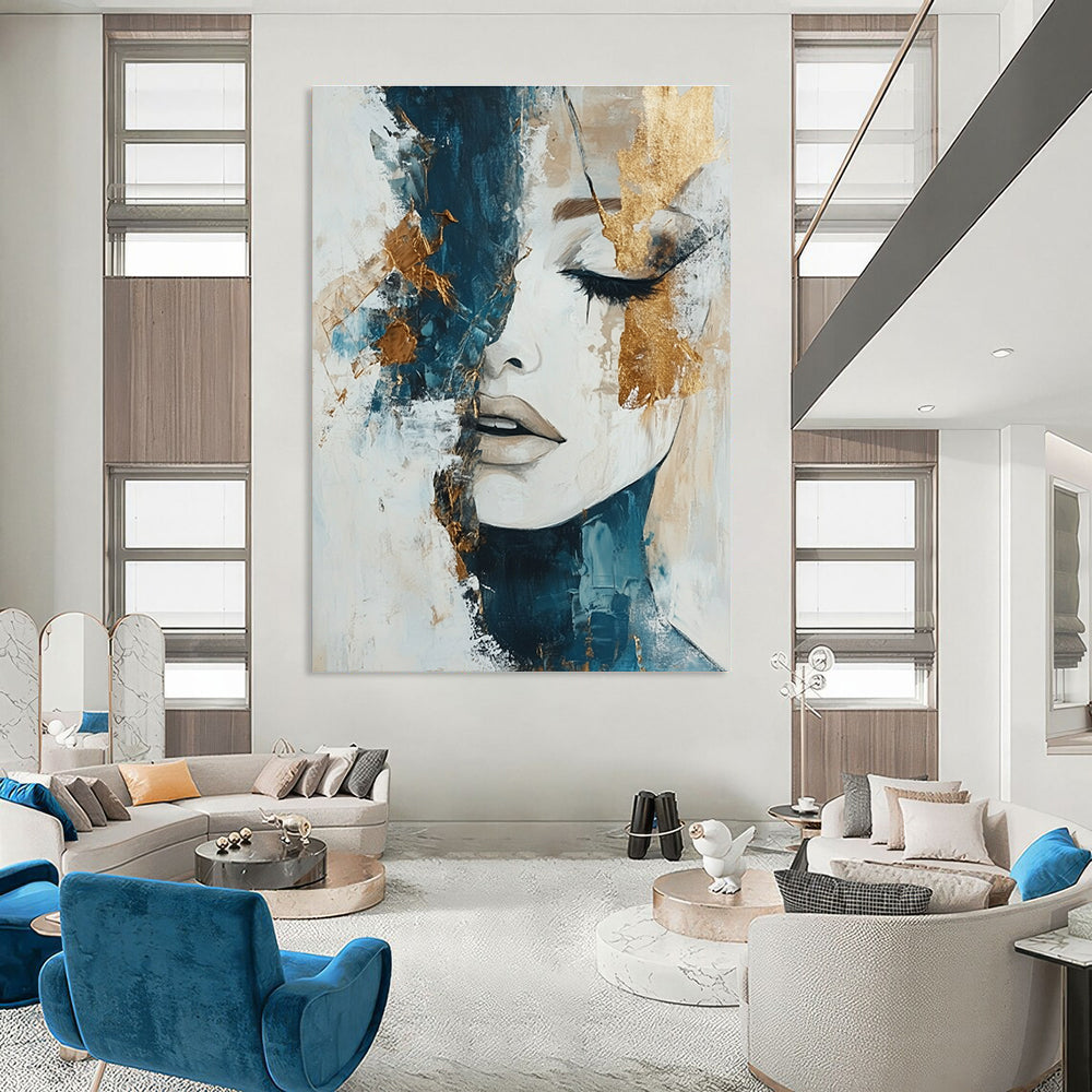Large abstract painting in white beige and blue tones with gold accents representing the harmony of nature's elements on canvas.STSC361