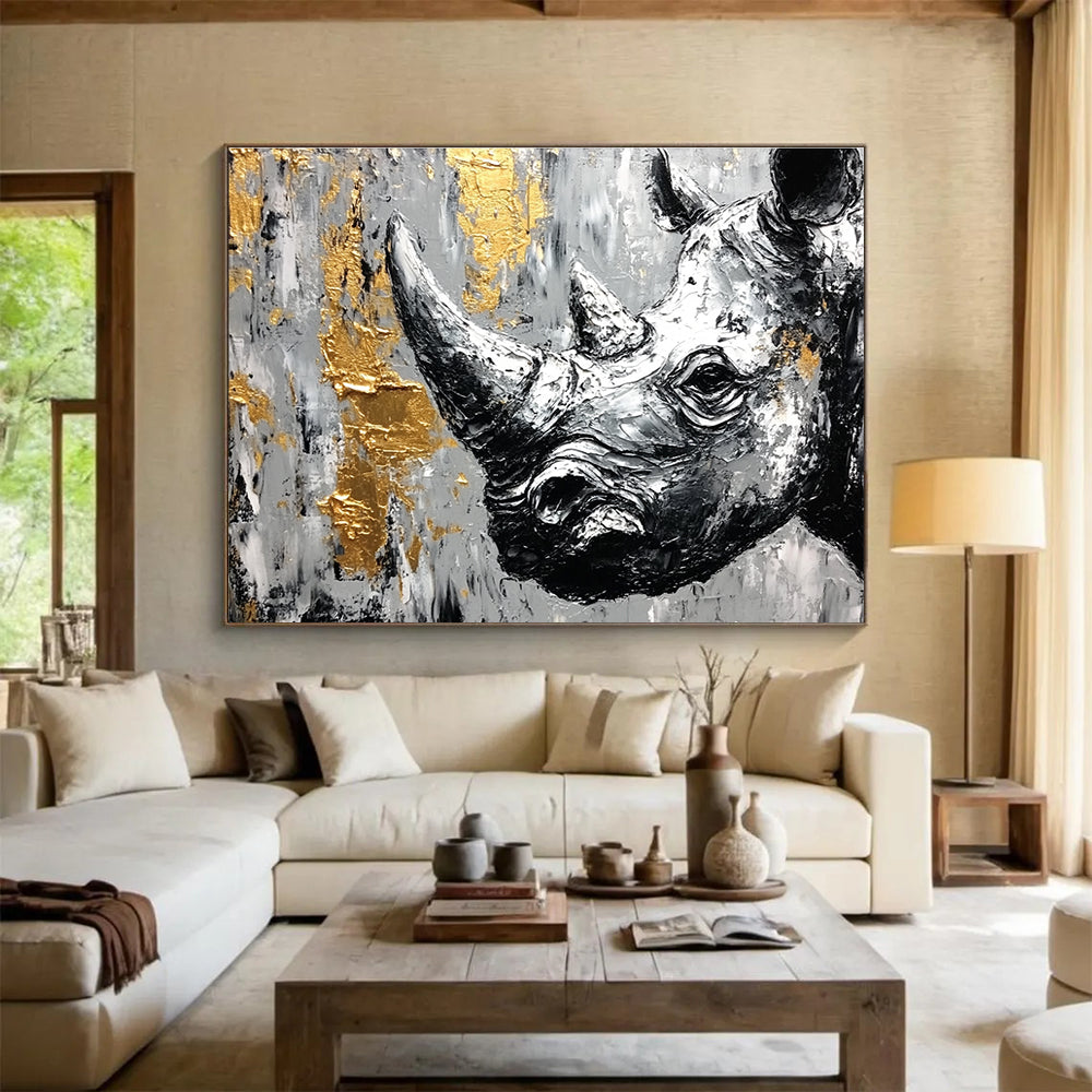 Textured Rhino Portrait Abstract Painting with Gold Accents DYP327