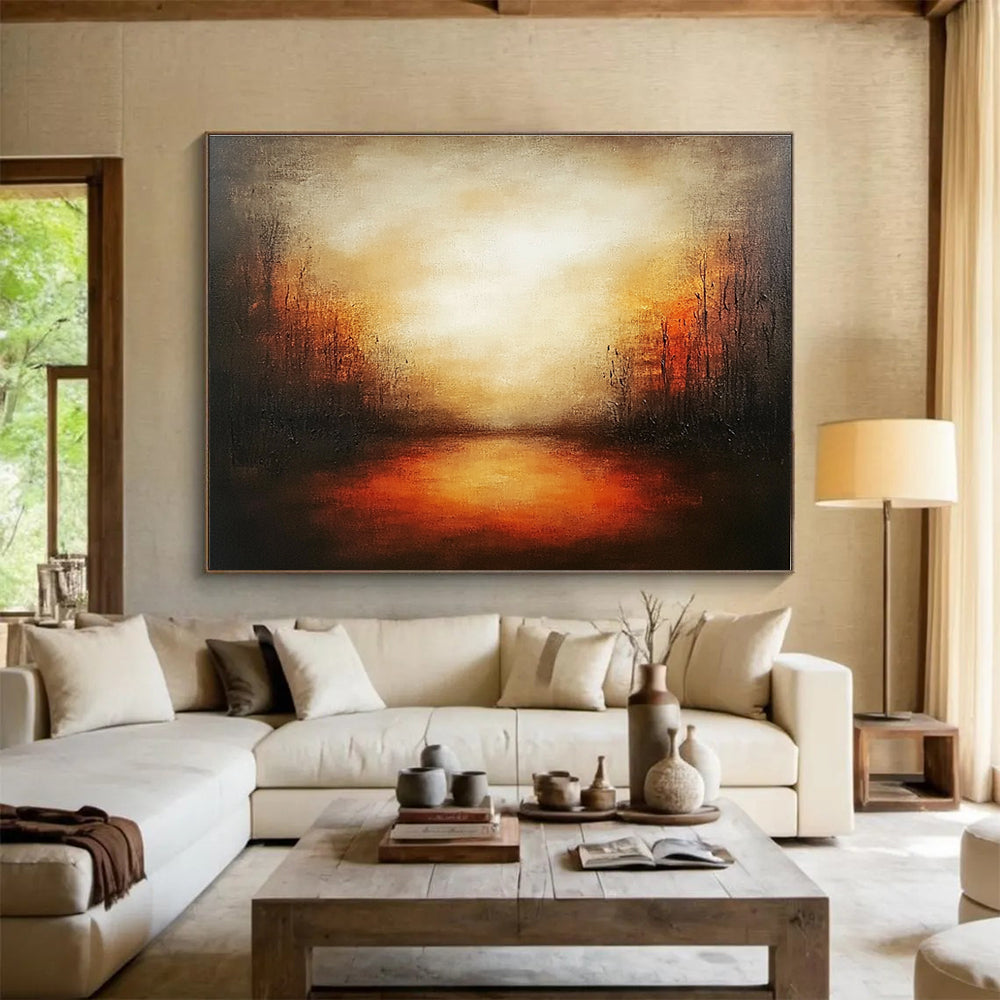 Abstract landscape painting featuring warm oranges and reds with soft brush strokes, textured canvas, and a serene evening atmosphere.SC086