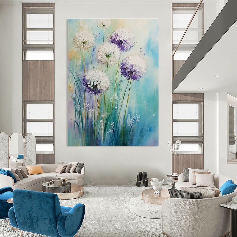 Large abstract painting of white alliums with purple accents on an aquamarine lavender background featuring soft brushstrokes and a dreamy Impressionist atmosphere.STSC1148