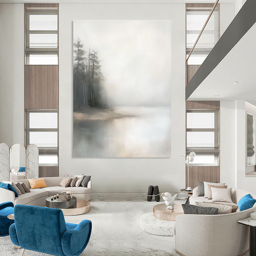 Large abstract painting featuring a minimalist composition with a foggy sky muted colors and distant pine trees on oil linen canvas.STSC089