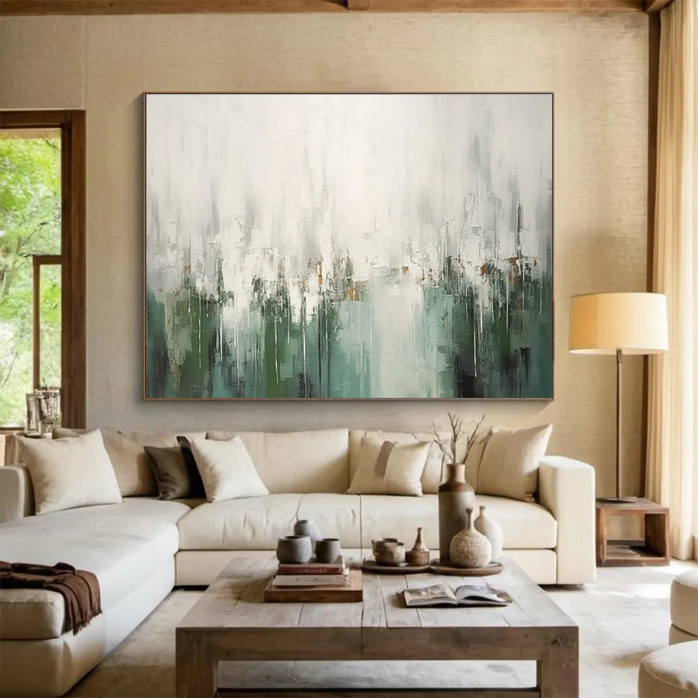 Green Gray Abstract Painting with Ethereal Drip Effects THY324