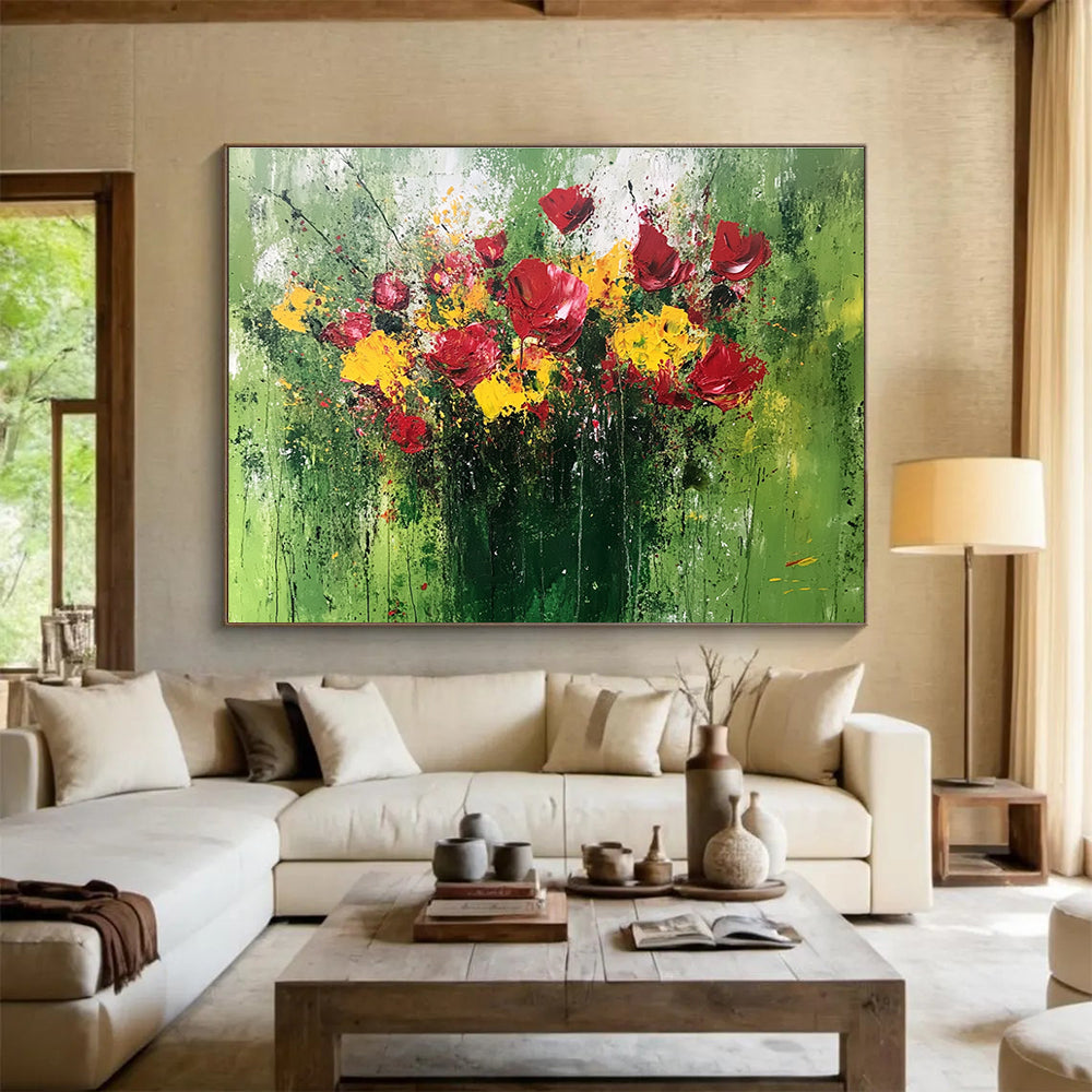 Large abstract painting featuring a vibrant bouquet in red and yellow with thick textured paint and expressive brushstrokes on a green background.SC479