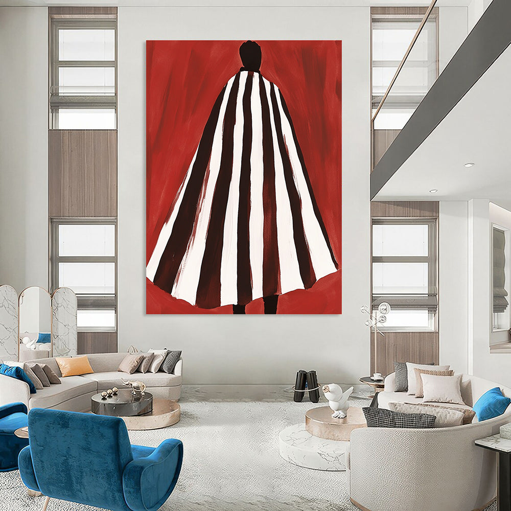 Abstract artwork featuring a brown and white striped cape inspired by Matisse and Bunt on a vibrant red background.STSC932